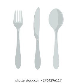 Set of cutlery with fork, spoon and knife isolated on white background. Vector flat cartoon illustration. Simple icon