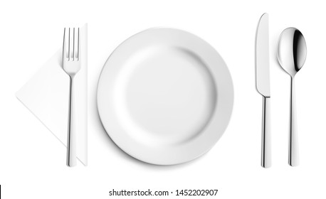 Set cutlery of fork, spoon and plate. Vector illustration on white background. Ready for your design. EPS10.	