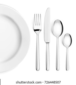 Set of cutlery of fork, spoon and plate. Vector illustration on white background. Ready for your design.