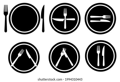 Set of cutlery gestures which reflects thoughts about food. Fork, knife and plate serving. Vector icons isolated on white background