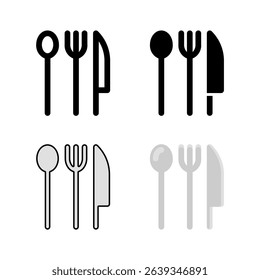 A set of cutlery icon set including fork, knife, and spoon, ideal for dining, restaurant, kitchen, and food related services.