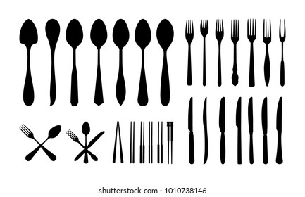 set of Cutlery Icon Silhouette, Spoon Fork Knife and Chopsticks silhouette vector illustration