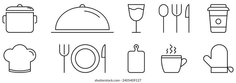 Set of cutlery icons. Food icons. Pot, tray, wine glass, knife, fork, spoon, cup, chef hat, cutting board and oven mitt. Vector illustration
