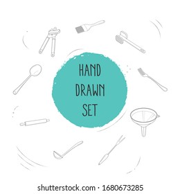 Set of cutlery icons line style symbols with rolling pin, funnel, utensil and other icons for your web mobile app logo design.