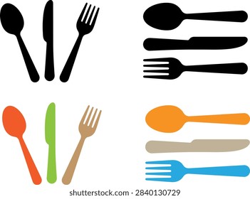 Set of cutlery illustrations in black and various colors including spoons, knives, and forks.