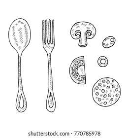 Set of cutlery, ingredients for pizza: sausage, olive, mushroom, spoon, fork. Isolated on white.