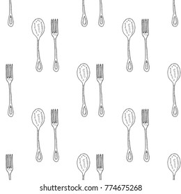 Set of cutlery, isolated on white: spoon, fork. Seamless pattern for print, wrapping or wallpaper.