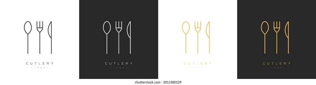 Set of cutlery logos in linear style. Spoon, fork and knife. Vector illustration
