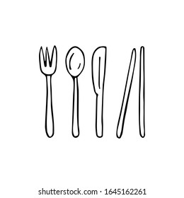 A set of cutlery made of bamboo. Eco-friendly European and Asian cutlery. Fork, spoon, knife, bamboo sticks. Black and white illustration on a white background in doodle style vector 