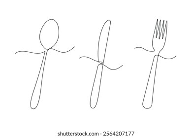 Set of cutlery in one continuous line. One line drawing, minimalism. Vector illustration.