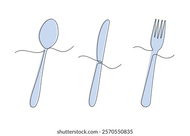 Set of cutlery in one continuous line in color. One line drawing, minimalism. Vector illustration.