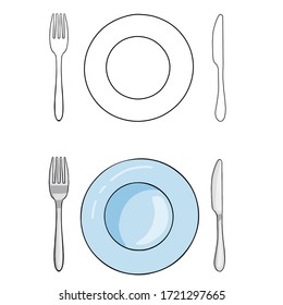 Set of cutlery and plates. Illustration on the theme of table setting in color and linear style isolated on a white background. Hand-drawn kitchen items.