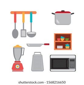 set cutlery with pot and icons vector illustration design