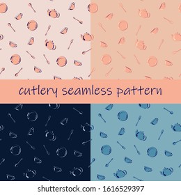 Set of cutlery seamless patterns. Continuous print for textiles, wrapping paper on blue, cyan, pink coral background