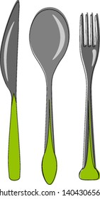 A set of cutlery with silver knife, spoon and fork with green handles., vector, color drawing or illustration. 