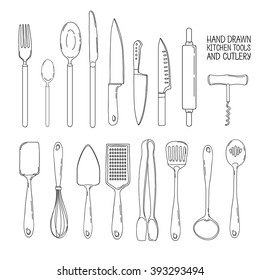 A set of cutlery. Cutlery spoon, fork, blender, knives. Cutlery for cooking. A set of cutlery for serving. Line set of kitchen cutlery. Vector.