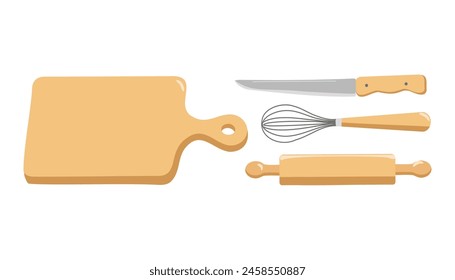Set cutlery and tools. Cooking. Wooden board and knife for cutting food in the kitchen. Rolling pin and whisk for dough. Vector flat illustration isolated on white background.
