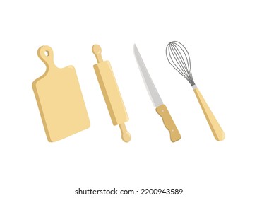 Set of cutlery and tools. Wooden board and knife for cutting food in the kitchen. Rolling pin and whisk for dough. Vector flat illustration isolated on white background.