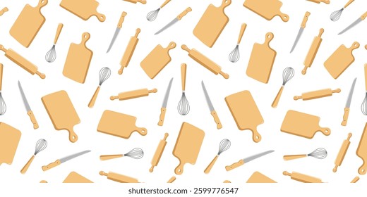 Set of cutlery and tools. Wooden board and knife for cutting products in the kitchen. Pattern seamless, repeating background. Rolling pin and whisk for dough. Cooking.