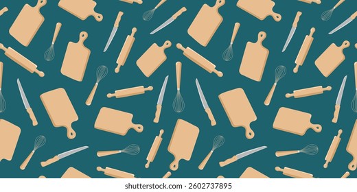 Set of cutlery and tools. Wooden board and knife for cutting products in the kitchen. Pattern seamless, repeating background. Rolling pin and whisk for dough. Cooking.