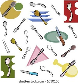 A set of cutlery vector icons in color, and black and white renderings.