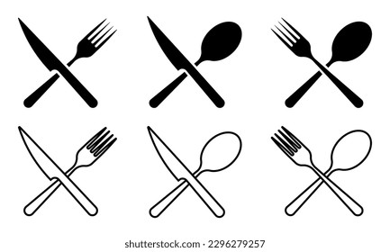 Set of cutlery vector icons. Flatware icons on white background. Fork, spoon and knife. Vector 10 Eps.