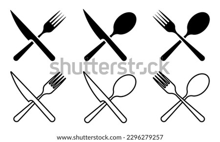 Set of cutlery vector icons. Flatware icons on white background. Fork, spoon and knife. Vector 10 Eps.