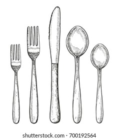 Set Of Cutlery Vector. Spoon Fork And Knife Hand Drawing Illustration