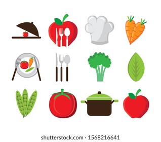 set of cutlery with vegetables and icons vector illustration design