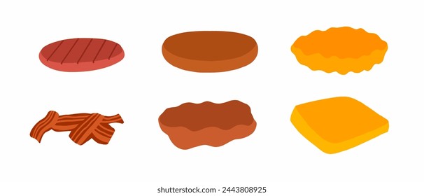 Set of cutlets for burger and sandwich in hand drawn cartoon flat style. Beef, pork, chicken, fish and bacon cutlets. Vector illustration isolated on white background. svg