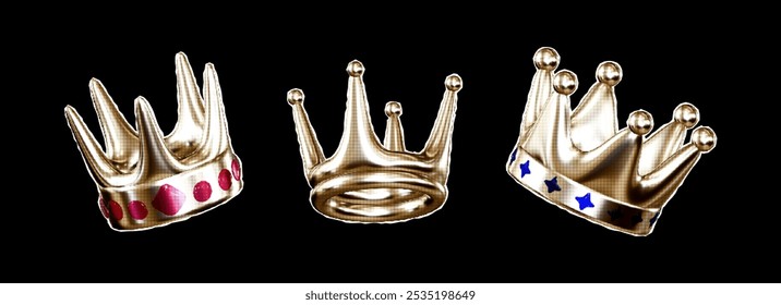 A set of cut-out crowns with a color halftone effect for creating retro collage style posters.