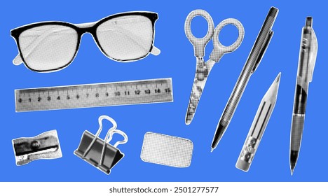 Set of cutout halftone collage elements on the theme of back to school. Glasses, scissors, pencil, sharpener, pens, ruler etc isolated on blue background.