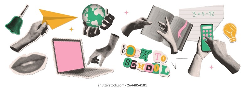Set of cutout halftone collage elements on the theme of back to school. Books, phone, laptop on hands etc isolated on transparent background.