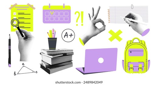 A set of cutout halftone collage school education trending elements. Hands, stationery, books, laptop, backpack, paper sheets. Contemporary concept stickers back to school. Vector illustration 