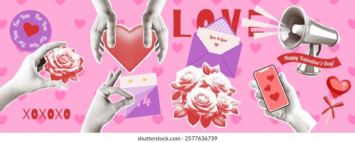 A set of cutout halftone collage Valentine's Day trending elements. Hands, heart, bouquet of roses, megaphone, mobile phone. Love romance valentine paper cut set. Vector illustration