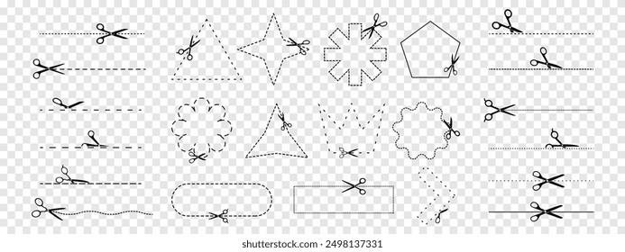 Set of Cutout Line Icons with Scissors for Shapes and Borders on Transparent Background