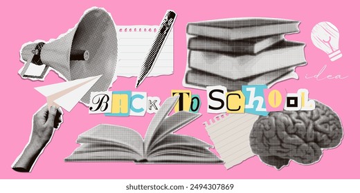 Set of cutout paper elements halftone collage on the theme of education and back to school. Stationery, books, hand , brain. Trendy vector graphics.