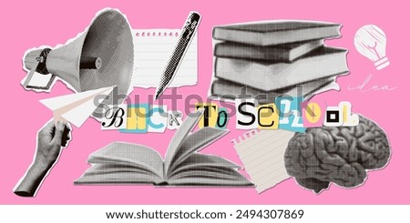 Set of cutout paper elements halftone collage on the theme of education and back to school. Stationery, books, hand , brain. Trendy vector graphics.