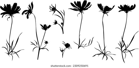 set of cutout silhouette garden flowers and grass