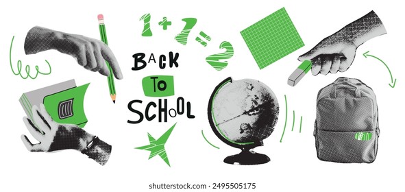 A set of cutout trending elements halftone collage on the theme of back to school. Stationery, books,  globe. Halftone hands holding school supplies. Contemporary vector graphics.