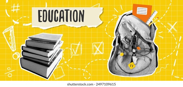 A set of cut-out trendy elements in a halftone collage on the theme of education and back to school, featuring yellow shades and a checkered background. Vector graphics.