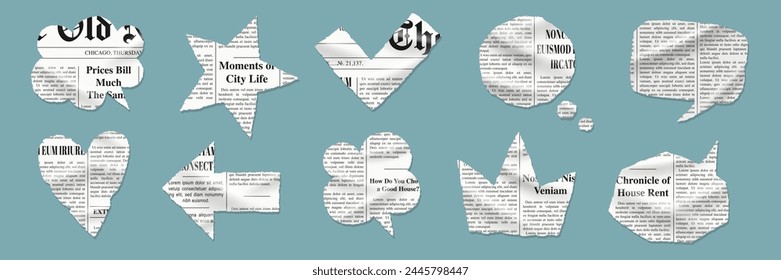 Set of cutout vintage speech bubbles and elements. Torn retro newspaper. Collage art with rip heart, arrow, star, crown, check mark and speech bubbles. Vector wrinkled old shapes