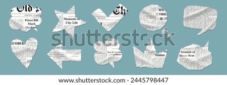 Set of cutout vintage speech bubbles and elements. Torn retro newspaper. Collage art with rip heart, arrow, star, crown, check mark and speech bubbles. Vector wrinkled old shapes