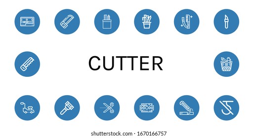 Set of cutter icons. Such as Sharpener, Saw, Stationery, Razor, Scalpel, Lawn mower, Scissors, Razor blade, Cutter, Do not use hook , cutter icons