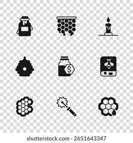 Set Cutter roll for honey, Book about bee, Honeycomb, Sale in jar of, Burning candle, Jar,  and Hive bees icon. Vector