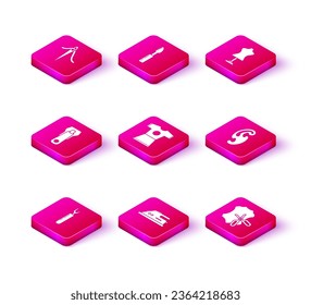 Herramienta Set Cutter, hierro eléctrico, cremallera, vestido de mujer, tijeras y cuero, curvas francesas, maniquí e icono. Vector