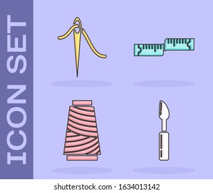 Set Cutter tool, Needle for sewing with thread, Sewing thread on spool and Tape measure icon. Vector
