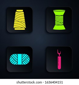 Set Cutter tool, Sewing thread on spool, Sewing thread on spool and Sewing thread on spool. Black square button. Vector