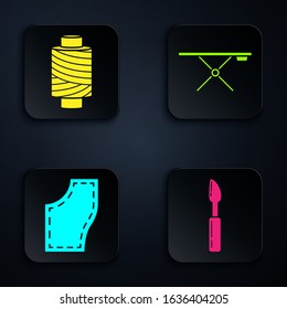 Set Cutter tool, Sewing thread on spool, Sewing Pattern and Ironing board. Black square button. Vector