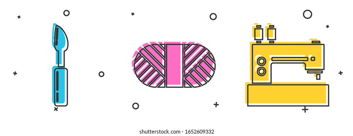Set Cutter tool, Sewing thread on spool and Sewing machine icon. Vector